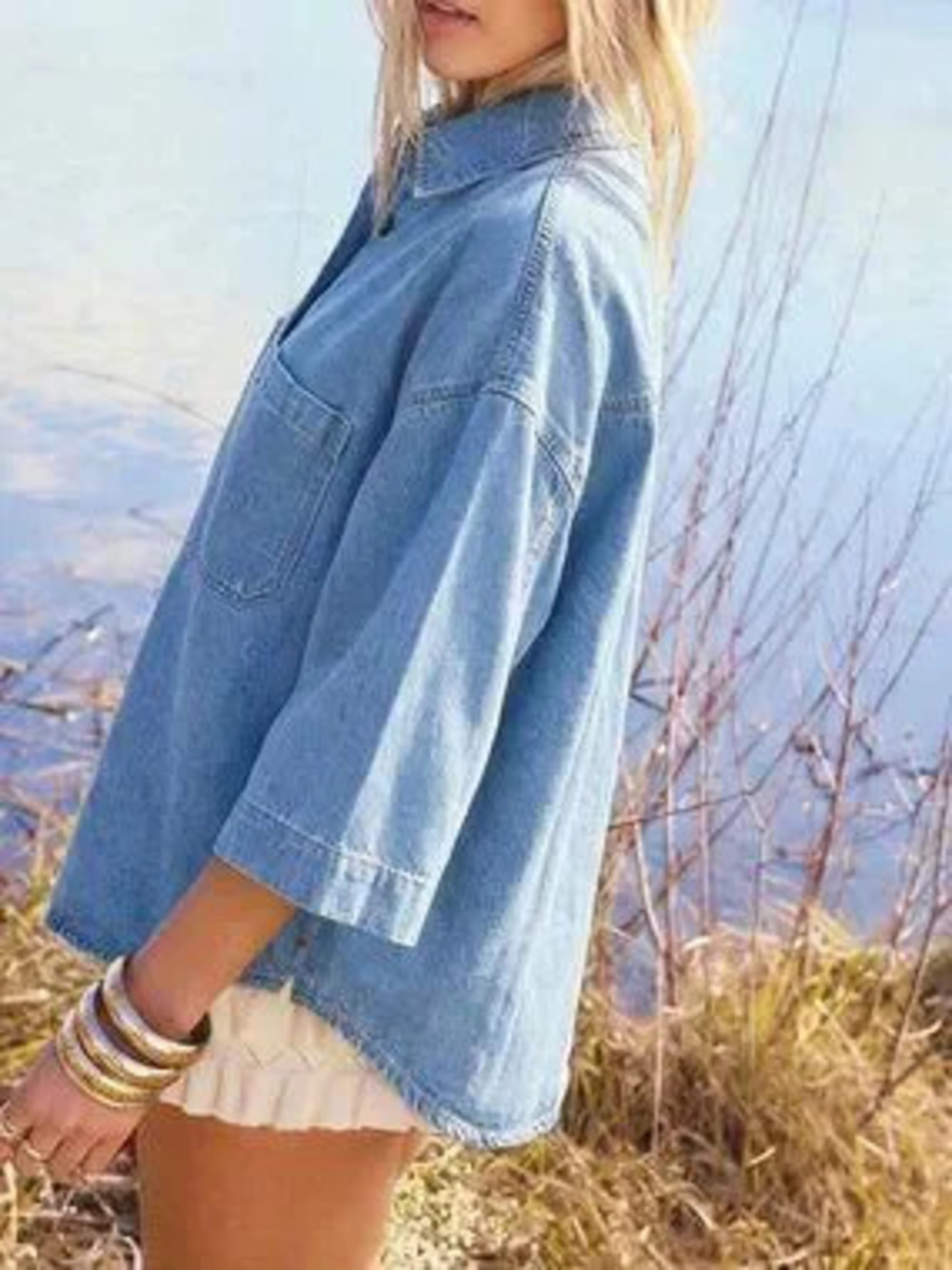 Light Wash Casual Women's Cute 3/4 Sleeve Drop Shoulder Pocket Denim Shirt